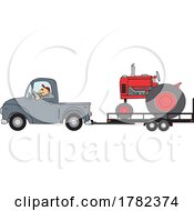 Cartoon Farmer Hauling A Red Tractor On A Trailer