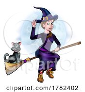 Poster, Art Print Of Witch Halloween Flying Cartoon Character And Moon