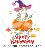 Poster, Art Print Of Witch Cat Sitting On A Pumpkin Over A Happy Halloween Greeting