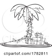 Cartoon Black And White Christmas Island With A Palm Tree And Gifts
