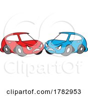 Cartoon Angry Red And Blue Autu Car Mascot Characters With Road Rage