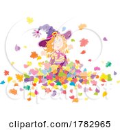 Poster, Art Print Of Halloween Witch Girl Playing In Autumn Leaves