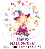 Witch Girl Making Candy With Magic Over Happy Halloween Text