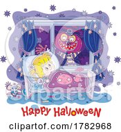 Poster, Art Print Of Scared Girl In Bed With A Monster Outside Over Happy Halloween Text