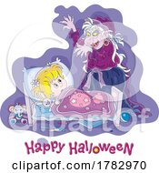 Poster, Art Print Of Scared Girl In Bed With A Scary Witch Over Happy Halloween Text