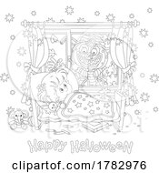 Poster, Art Print Of Scared Girl In Bed With A Monster Outside Over Happy Halloween Text