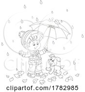 Boy And Dog With An Umbrella On A Rainy Autumn Day