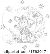 Black And White Witch Girl Sitting On A Crescent Moon