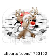 Poster, Art Print Of Christmas Reindeer In Santa Hat Breaking Wall