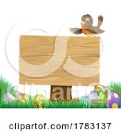 Poster, Art Print Of Easter Eggs Robin Bird Cartoon Wooden Sign
