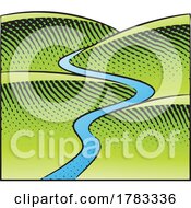 Scratchboard Engraving Of Hills And River With Colorful Fill