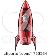 Scratchboard Engraved Illustration Of A Rocket With Red Fill
