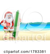 Surfer Cartoon Santa Christmas Character On Beach