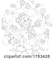 Black And White Cartoon Happy Snowman With Toys And Treats