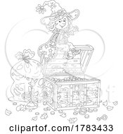 Black And White Cartoon Witch Girl On A Treasure Chest