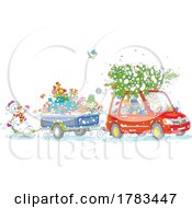 Poster, Art Print Of Santa Driving A Car With A Tree On Top And A Trailer Full Of Toys Followed By A Snowman On A Sled