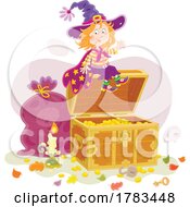 Cartoon Witch Girl On A Treasure Chest