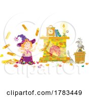 Poster, Art Print Of Cartoon Witch Girl Using Magic To Move Firewood To A Hearth