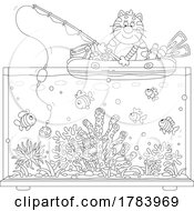 Cartoon Black And White Cat In A Raft And Fishing In An Aquarium