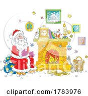 Poster, Art Print Of Cartoon Santa Warming Up By A Fireplace