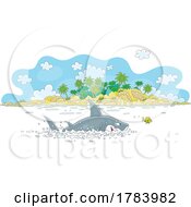 Poster, Art Print Of Cartoon Shark Chasing A Fish Near An Island