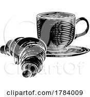 Poster, Art Print Of Coffee Tea Cup Mug And Croissant Woodcut