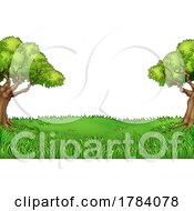 Poster, Art Print Of Trees Cartoon Landscape Grass Field Background