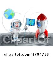 Poster, Art Print Of Cartoon Space Rocket Spaceship Moon And Astronaut