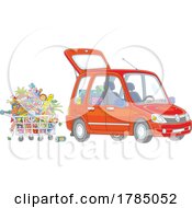 Cartoon Full Shopping Cart Of Food Behind A Car