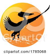 Poster, Art Print Of Silhouetted Flying Pelican And Sunset Sky Circle With Grunge