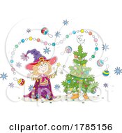 Poster, Art Print Of Cartoon Christmas Witch Girl Decorating A Tree With Magic