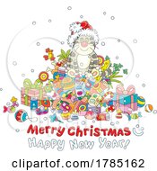 Poster, Art Print Of Cartoon Cat Sitting On Gifts Over Merry Christmas Happy New Year Text