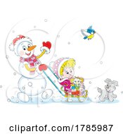 Snowman Pushing A Kid In A Sled