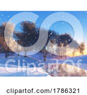 Poster, Art Print Of 3d Snowy Winter Tree Landscape At Sunset