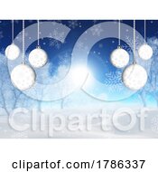 Poster, Art Print Of Christmas Tree Winter Landscape With Hanging Baubles And Snowflakes