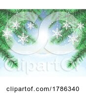 Christmas Background With Pine Tree Branches And Hanging Snowflakes