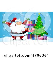 Cartoon Christmas Santa Claus Cheering By A Tree With Gifts