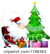 Cartoon Christmas Santa Claus Putting Presents Under A Tree