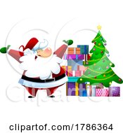 Cartoon Christmas Santa Claus Cheering By A Tree With Gifts
