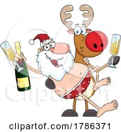 Cartoon Drunk Santa Claus And Reindeer
