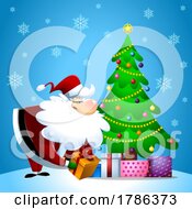 Poster, Art Print Of Cartoon Christmas Santa Claus Putting Presents Under A Tree