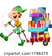 Poster, Art Print Of Cartoon Christmas Elf Pulling Gifts On A Cart