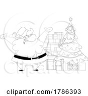 Cartoon Black And White Christmas Santa Claus Cheering By A Tree With Gifts