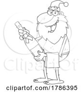 Cartoon Black And White Drunk New Year Santa Claus Holding A Bottle Of Champagne
