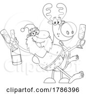 Cartoon Black And White Drunk Santa Claus And Reindeer