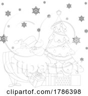 Cartoon Black And White Christmas Santa Claus Putting Presents Under A Tree
