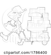 Cartoon Black And White Christmas Elf Pulling Gifts On A Cart