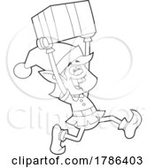 Cartoon Black And White Christmas Elf Running With A Gift by Hit Toon
