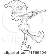 Cartoon Black And White Christmas Elf Marching And Playing A Flute