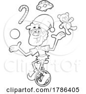 Cartoon Black And White Christmas Elf Juggling And Riding A Unicycle